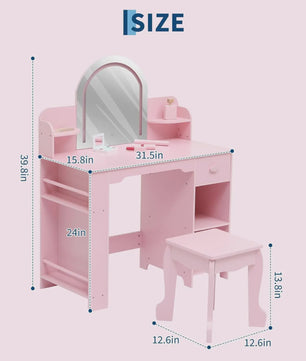 Prinsessenkaptafel met Verlichte Spiegel en Krukje - Kinder Make-up Tafel met Opbergruimte