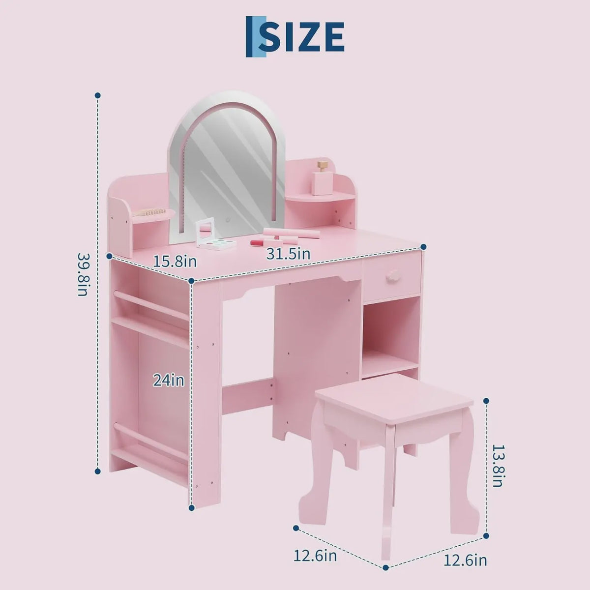 Prinsessenkaptafel met Verlichte Spiegel en Krukje - Kinder Make-up Tafel met Opbergruimte