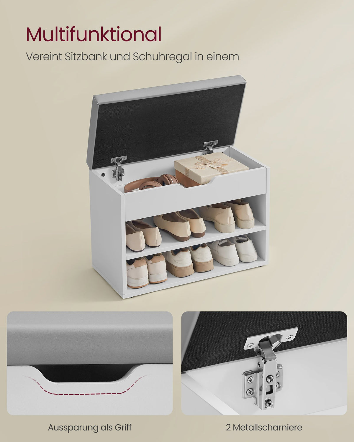 VASAGLE Schoenenbank met Opbergruimte en Gekussend Zitvlak - 3 Niveaus, Halbank