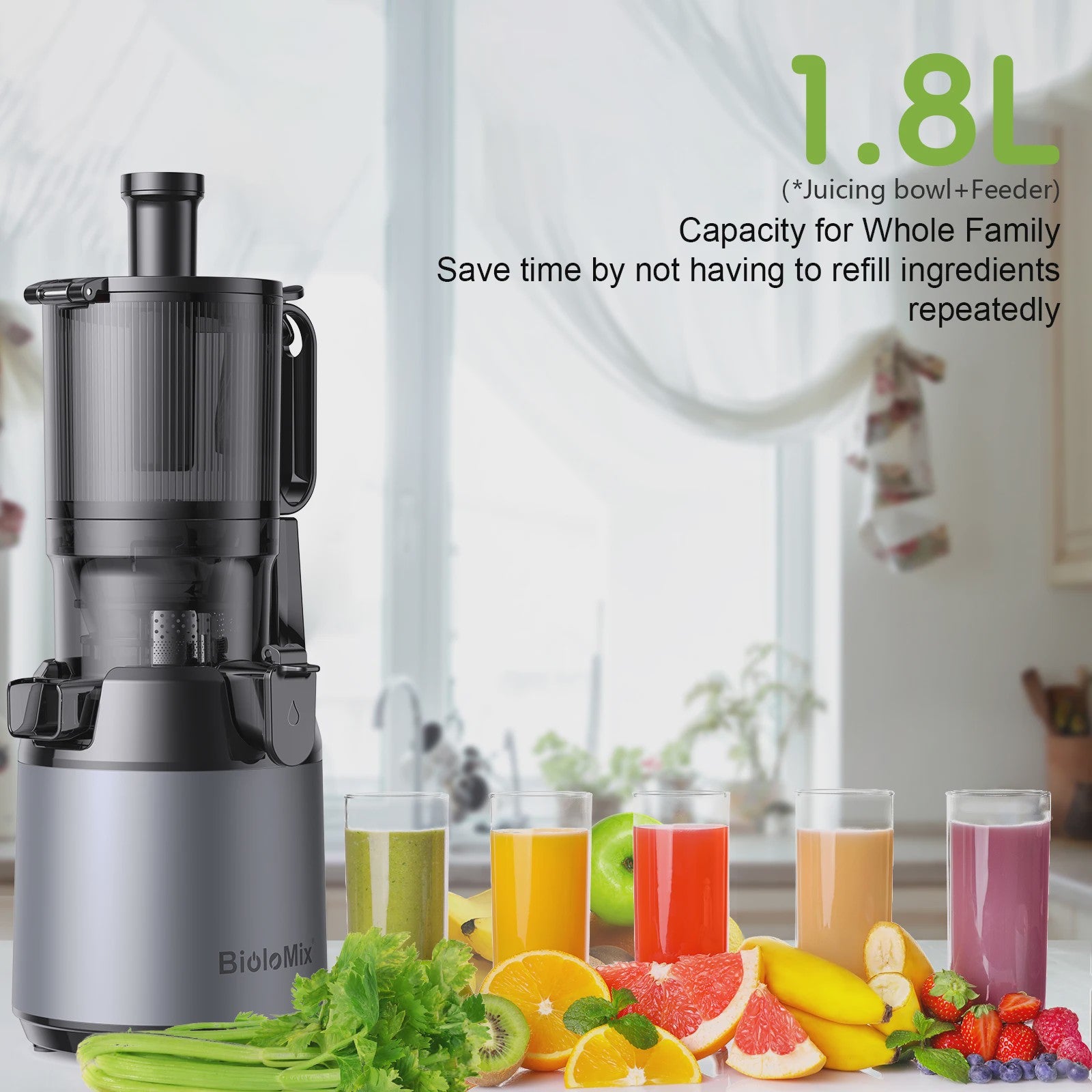 BioloMix Slowjuicer met 130mm invoertrechter - Hoge sapopbrengst, BPA-vrij, voor hele groenten & fruit