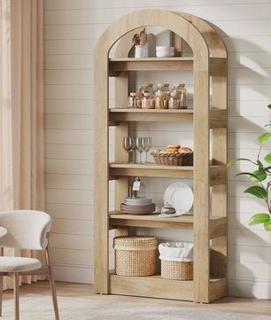Houten Boekenkast met 5 Bogen - 71.6 Inch Hoge Staande Opbergkast in Teak Kleur