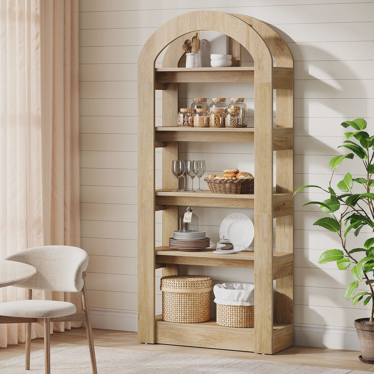 Houten Boekenkast met 5 Bogen - 71.6 Inch Hoge Staande Opbergkast in Teak Kleur