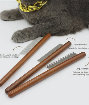 Professionele Kattenkam met Houten Handvat - Roestvrij Staal Haarverwijderaar voor Katten & Honden