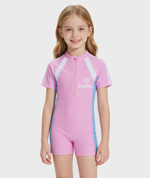 Schattig Roze Kinder Zwempak met Korte Mouwen - 1-delig Strand & Zwembad Outfit