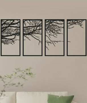4-Delige Zwarte Metalen Levensboom Wanddecoratie - Stijlvolle Kunst voor Woonkamer, Slaapkamer & Kantoor