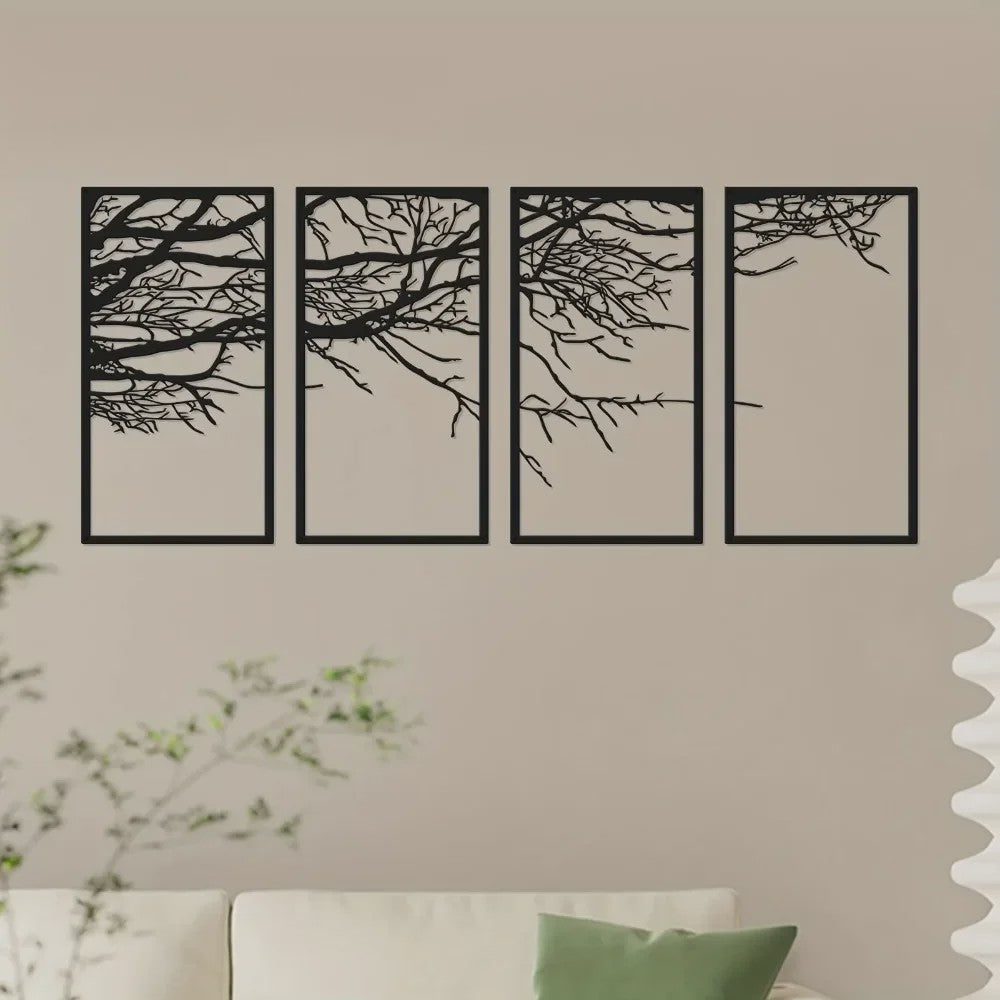 4-Delige Zwarte Metalen Levensboom Wanddecoratie - Stijlvolle Kunst voor Woonkamer, Slaapkamer & Kantoor