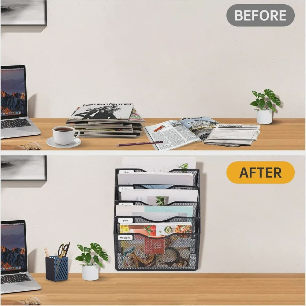 5-Vaks A4 Wand Organizer Mesh Documentenhouder Zwart Metaal