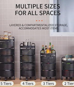 Draaibare Keuken Trolley 3-5 Laags - Carbon Staal Mesh Opbergrek met Wielen & Deksel