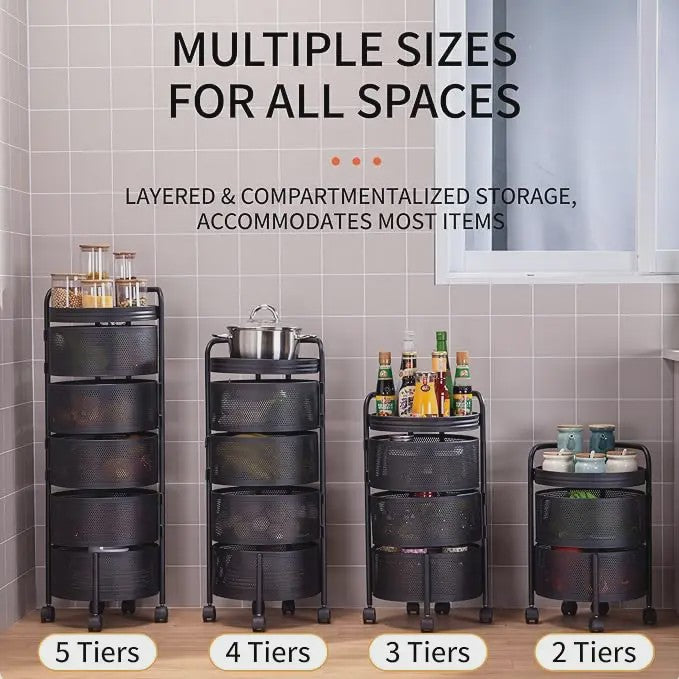 Draaibare Keuken Trolley 3-5 Laags - Carbon Staal Mesh Opbergrek met Wielen & Deksel