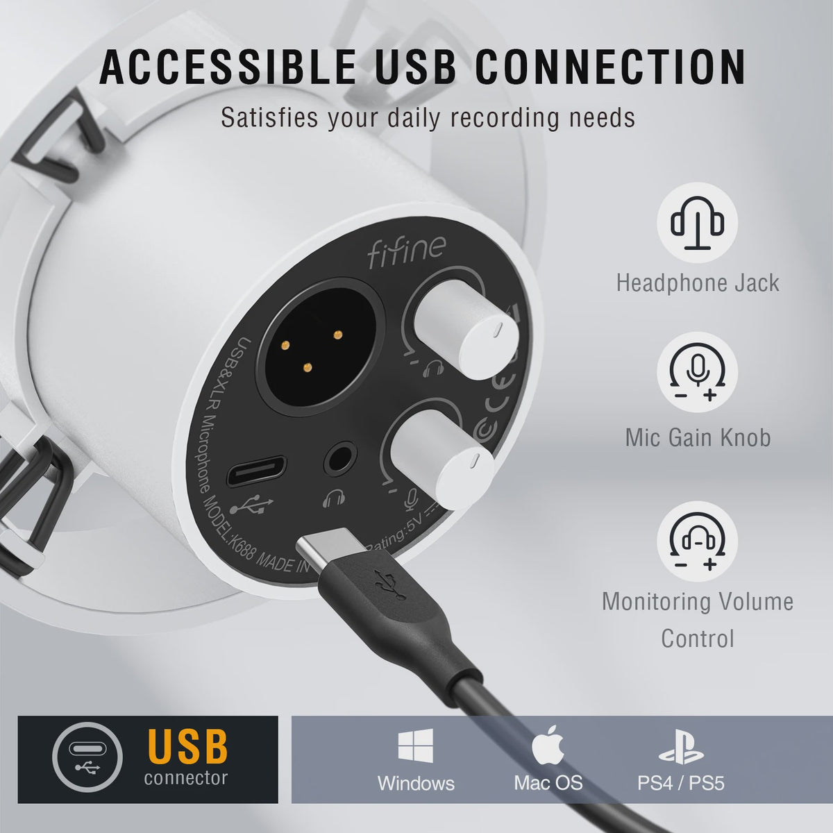 FIFINE K688 Dynamische XLR/USB Microfoon met Real-time Monitoring, Gain Knob & Mute
