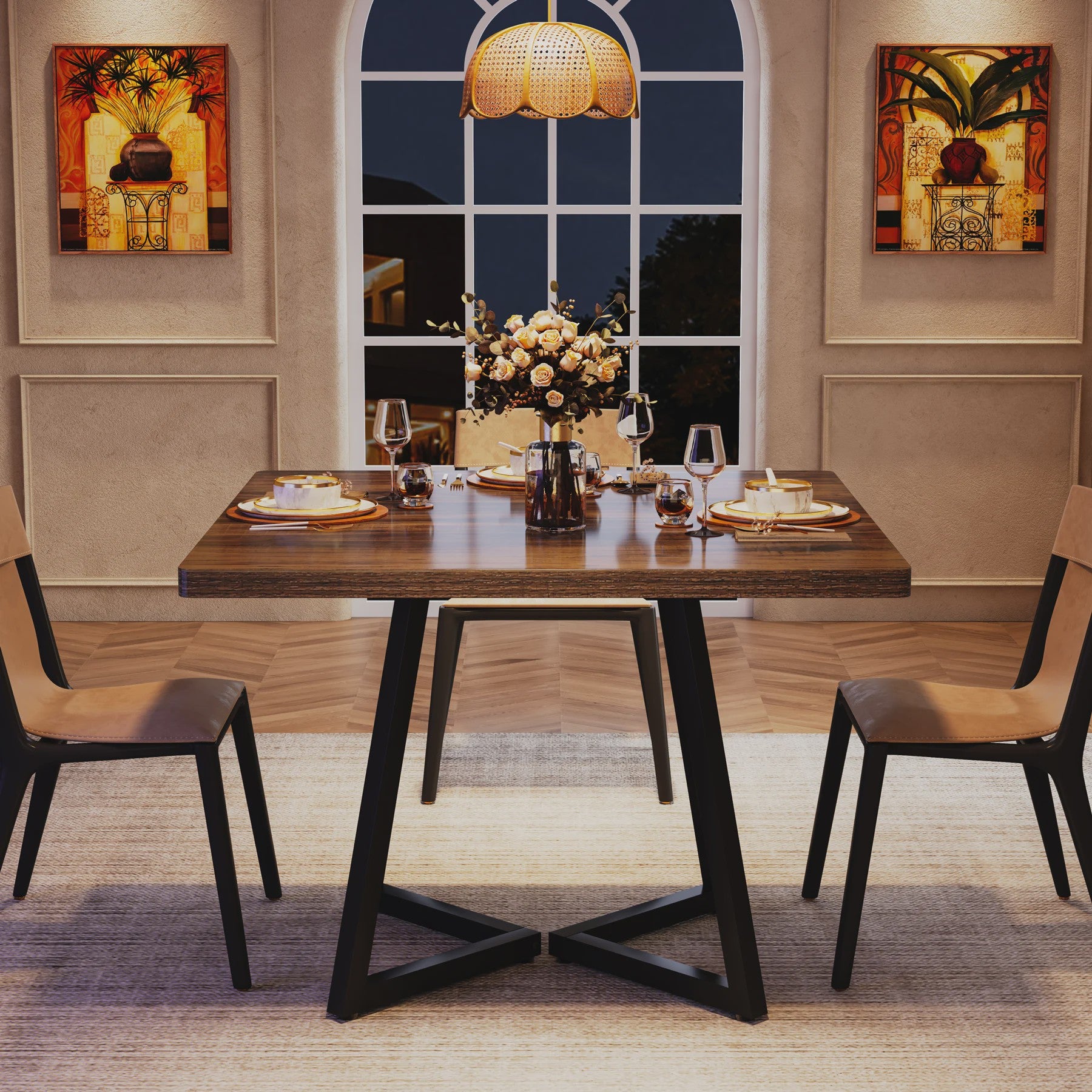 Industriële Vierkante Eettafel 80x80 cm voor 4 Personen met Houten Look en Metaal Onderstel