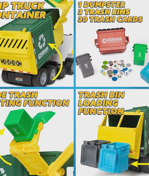 Grote Vuilniswagen Speelgoed met Frictie, Geluid & Lichtjes - Inclusief Vuilnisbakken