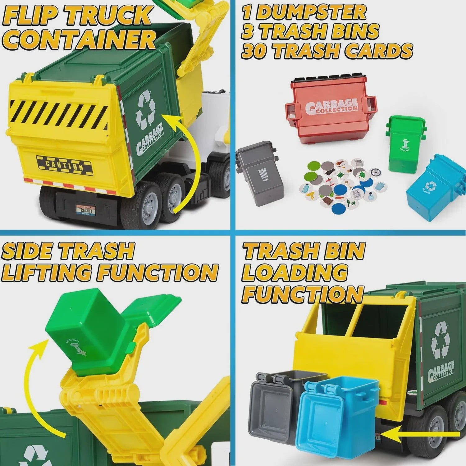 Grote Vuilniswagen Speelgoed met Frictie, Geluid & Lichtjes - Inclusief Vuilnisbakken