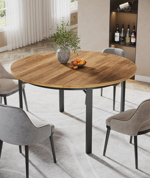 Ronde Eettafel 118cm - Rustiek Bruin & Zwart - Farmhouse Keukentafel met Metalen Poten