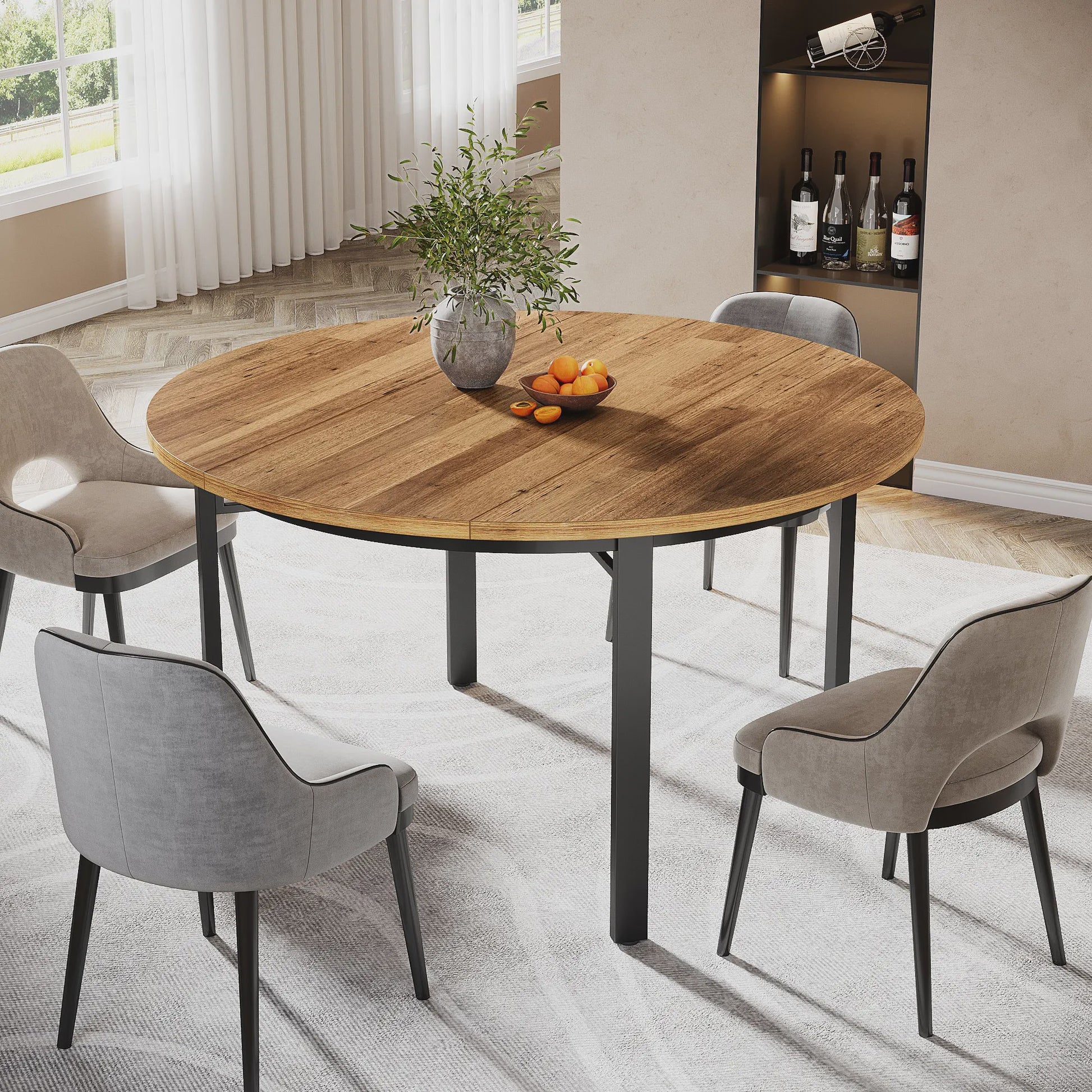 Ronde Eettafel 118cm - Rustiek Bruin & Zwart - Farmhouse Keukentafel met Metalen Poten