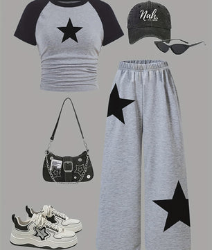 Set Meisjes: Trendy Grijs Trainingspak met Sterrenprint - T-shirt & Wijde Broek