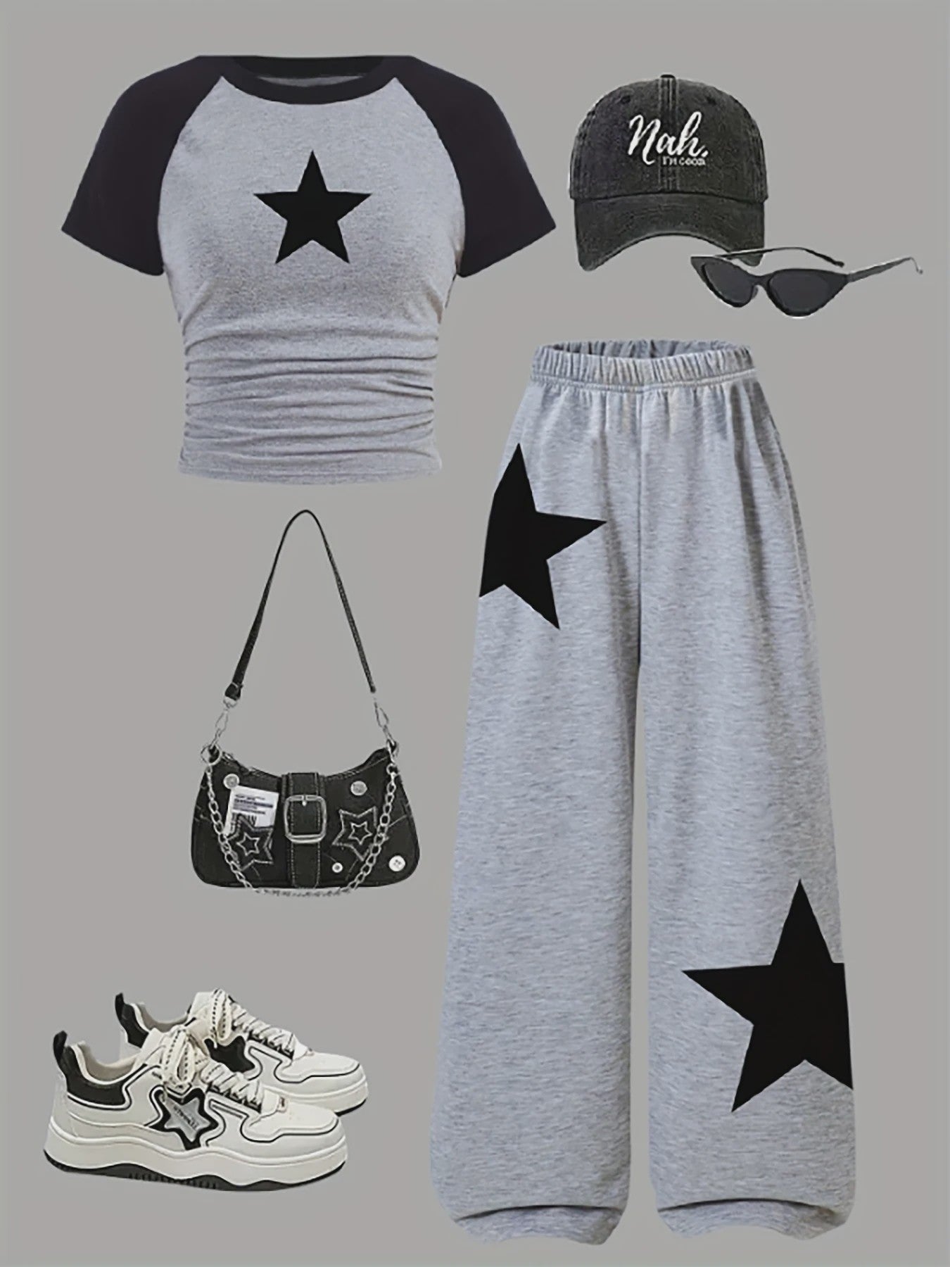 Set Meisjes: Trendy Grijs Trainingspak met Sterrenprint - T-shirt & Wijde Broek