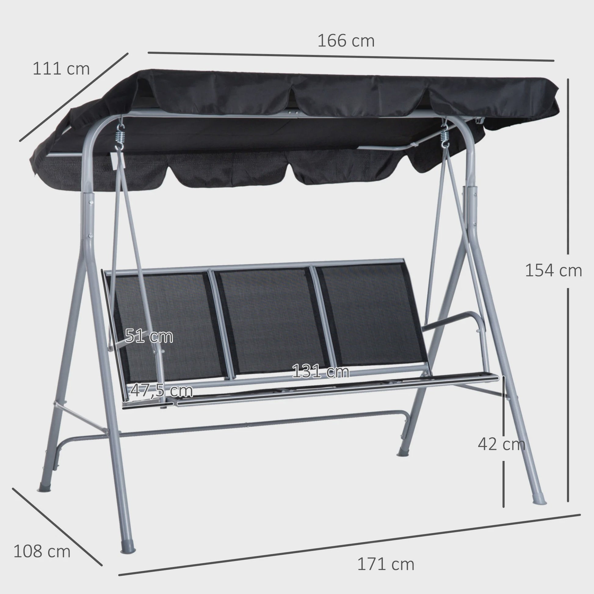 Outsunny Swing Swing garden 3 seater awning adjustable backrest breathable Metal frame load 240 kg 171x108x154 cm