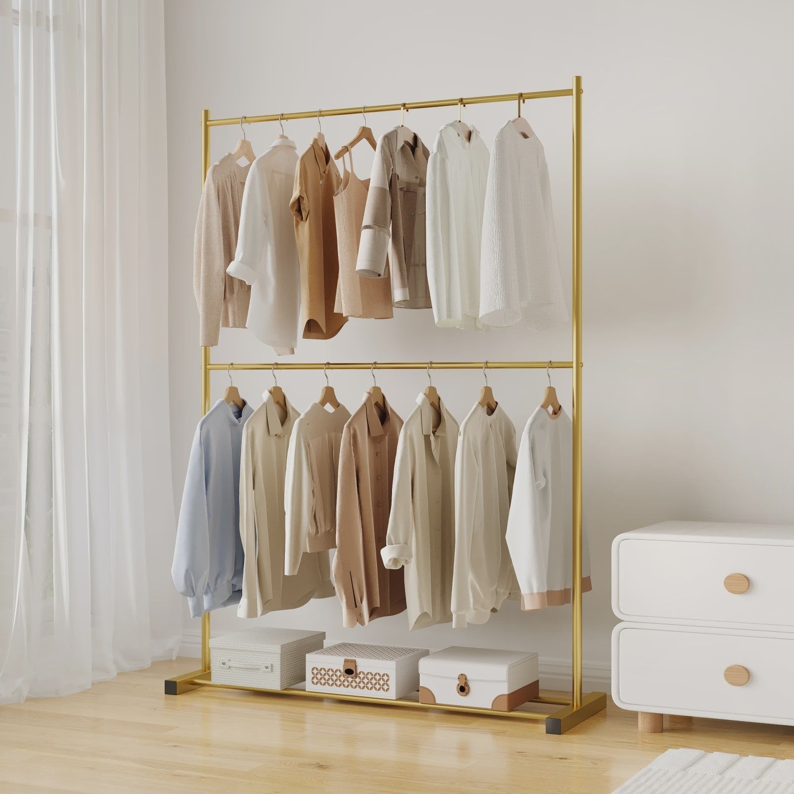 Stabiele Kledingrek Dubbellaags - Multifunctioneel & Nordic Stijl - Zwart, Wit, Goud