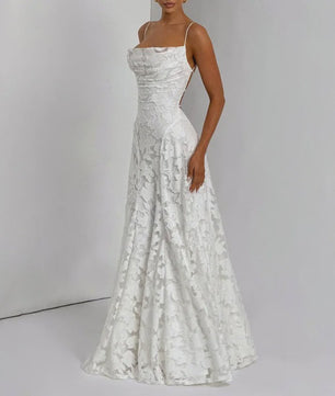 Elegante Jacquard Maxi Jurk met Blote Rug en Vierkante Hals - Feestelijk & Chic