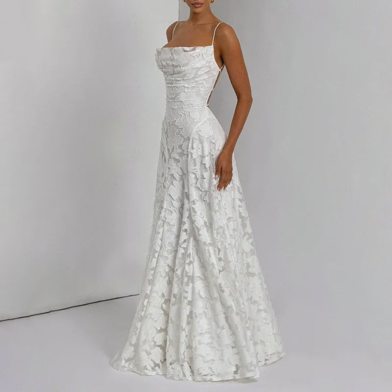 Elegante Jacquard Maxi Jurk met Blote Rug en Vierkante Hals - Feestelijk & Chic