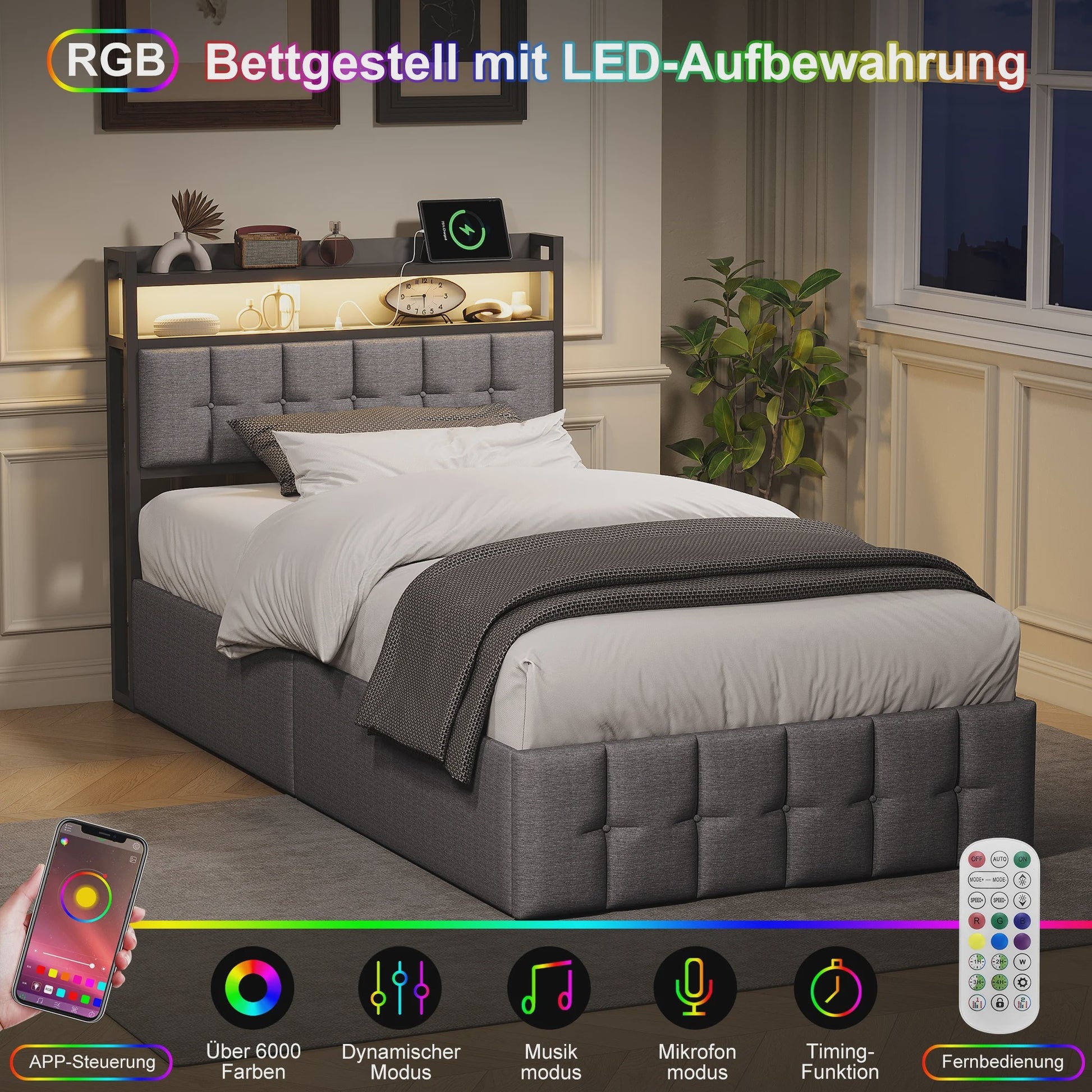 Stijlvol 1-Persoons Bed 90x200cm met LED, USB & Opbergruimte - Velvet/Linnen
