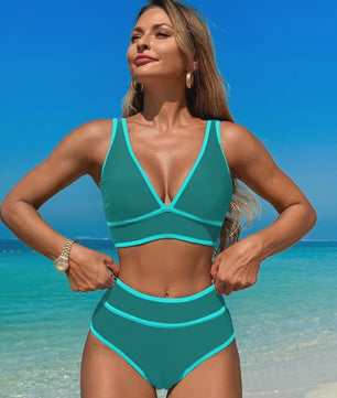 Dames Bikini Set V-hals High Waisted Tweedelig Zwemkleding Effen of Bloemenprint
