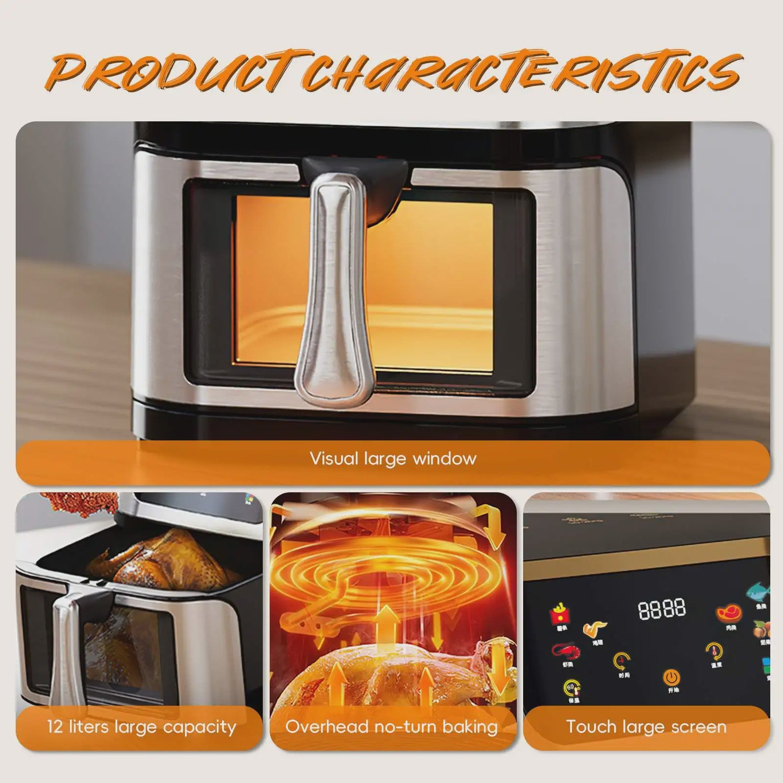 Krachtige Airfryer Oven 8L met 2800W, LED Touchscreen en Groot Visueel Venster