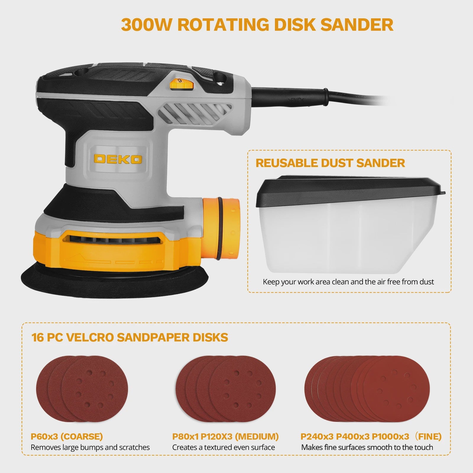 DEKO 300W Excentrische Schuurmachine met 16 Schuurbladen, 125mm, 14000RPM & Stofafzuiging