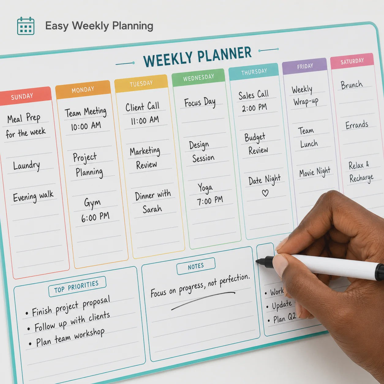 Weekplanner 30x40 cm Kleurgecodeerd met Marker - Ideaal voor Koelkast & Kantoor