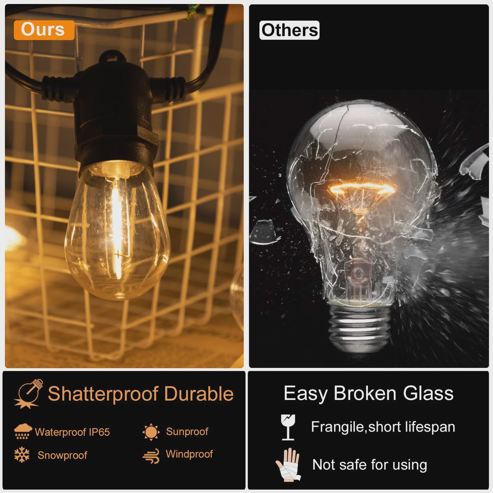 50FT Slinger LED Verlichting Buiten - Dimbare, Kopppelbare en Onbreekbare Tuinlampen