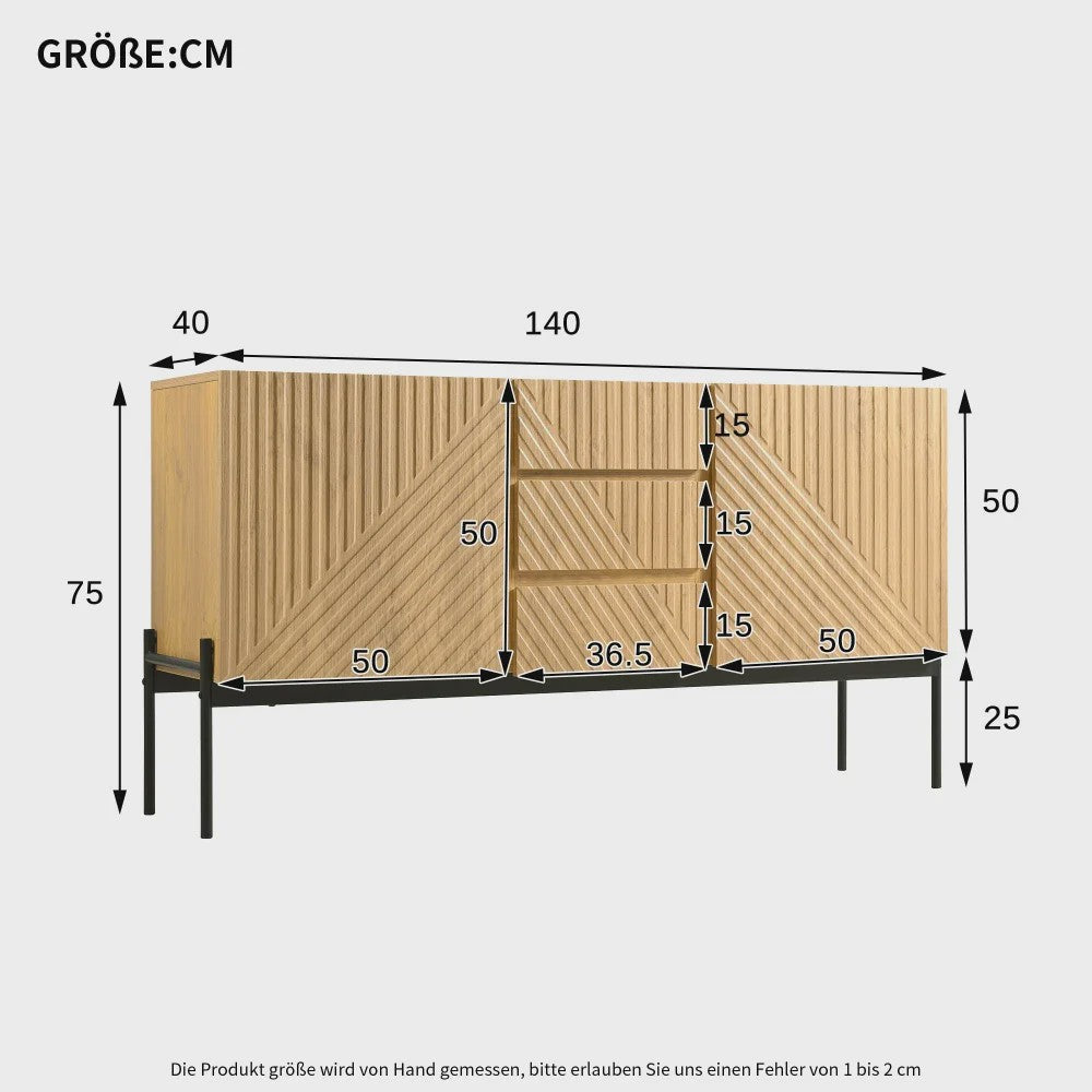 Stijlvol Houten Dressoir met 2 Deuren, 3 Lades en Metalen Poten - 140cm Breed
