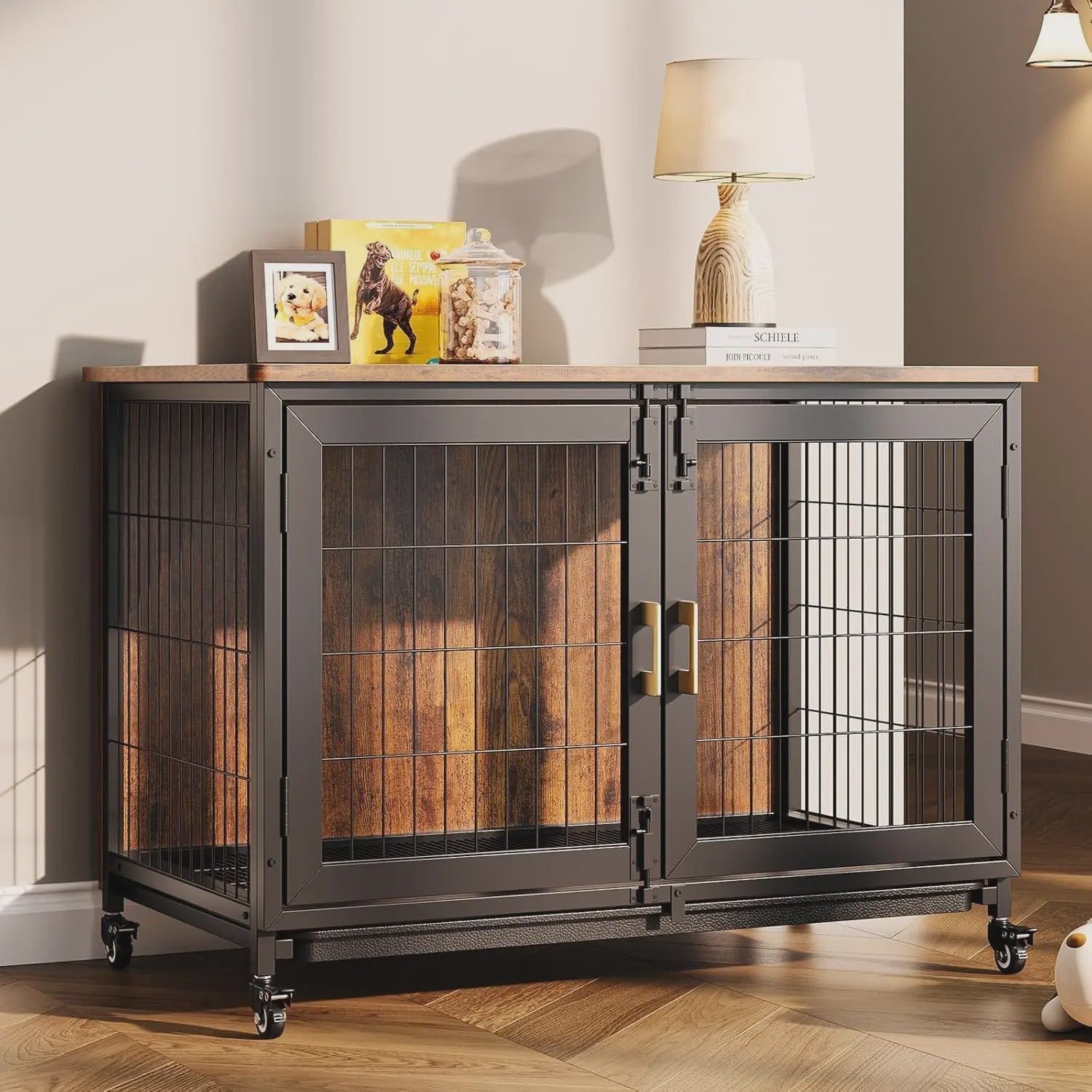 Houten Hondenkennel met Wielen en Lade - Stijlvolle Bijzettafel voor Kleine/Middelgrote Honden