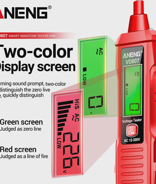 ANENG VD807 Spanningsmeter Pen: 12-300V AC, Contact/Non-Contact Nul/Fase Detector met LED Zaklamp