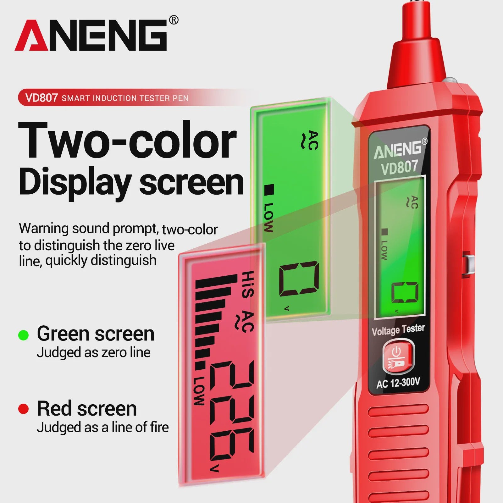 ANENG VD807 Spanningsmeter Pen: 12-300V AC, Contact/Non-Contact Nul/Fase Detector met LED Zaklamp