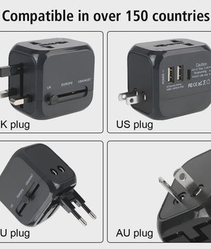Universele Reisadapter met 2 USB & 1 Type-C Poort - EU, UK, US, AU Stekkers