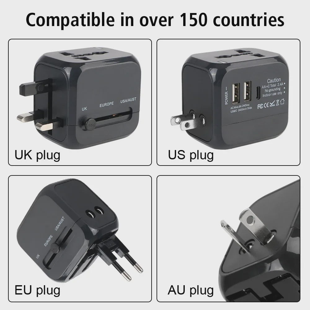 Universele Reisadapter met 2 USB & 1 Type-C Poort - EU, UK, US, AU Stekkers