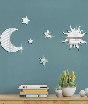 Set van 6 Spiegel Wandstickers: Zon, Maan & Sterren - Decoratieve Acryl Muurstickers