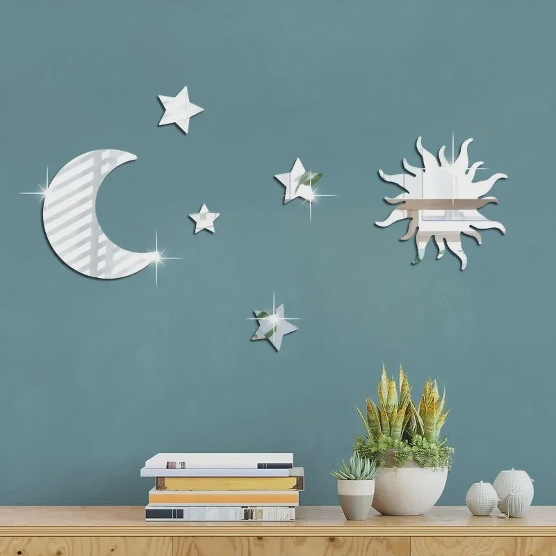 Set van 6 Spiegel Wandstickers: Zon, Maan & Sterren - Decoratieve Acryl Muurstickers