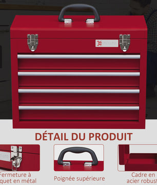 DURHAND Rode Metalen Gereedschapskist met 4 Lades en Bakje - 51x22 cm