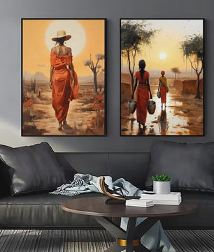 Abstract Canvas Poster: Afrikaanse Vrouwen & Zonneschildering - Wanddecoratie