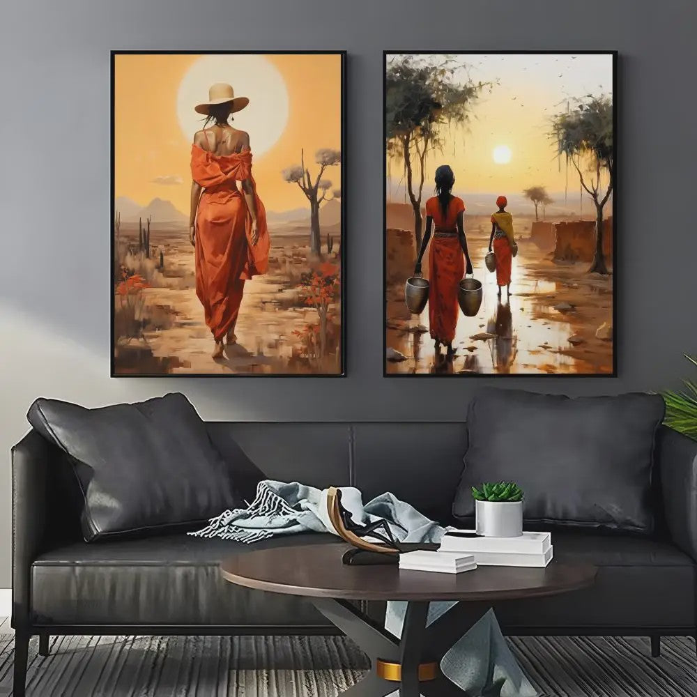 Abstract Canvas Poster: Afrikaanse Vrouwen & Zonneschildering - Wanddecoratie