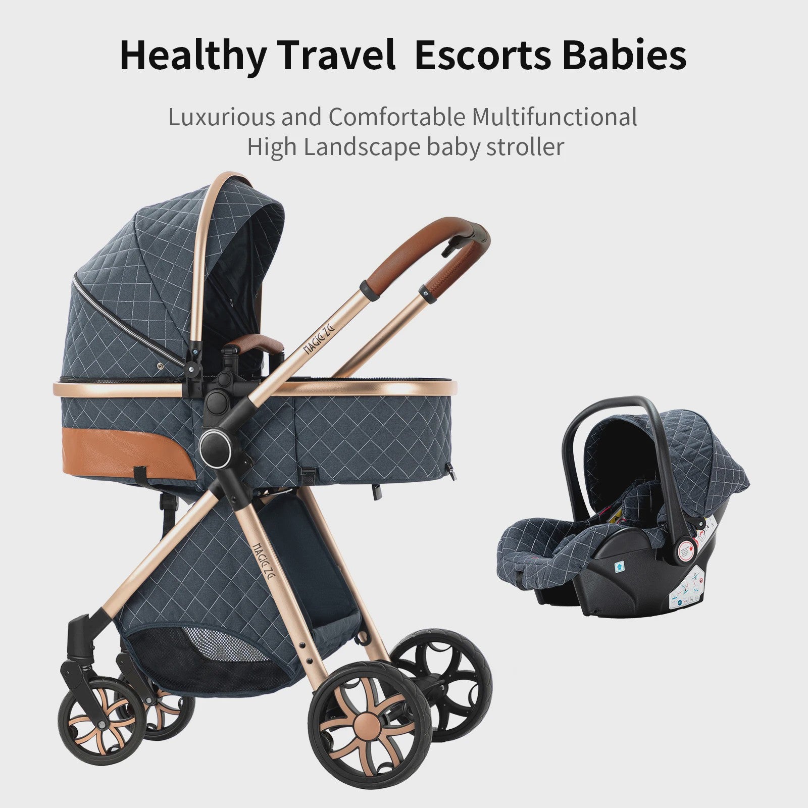 Magic ZC Premium 3-in-1 Baby Reiswieg & Kinderwagen Set - Luxe Beige, Compact, Inclusief Autostoel & Draagmand, Geschikt Vanaf Geboorte