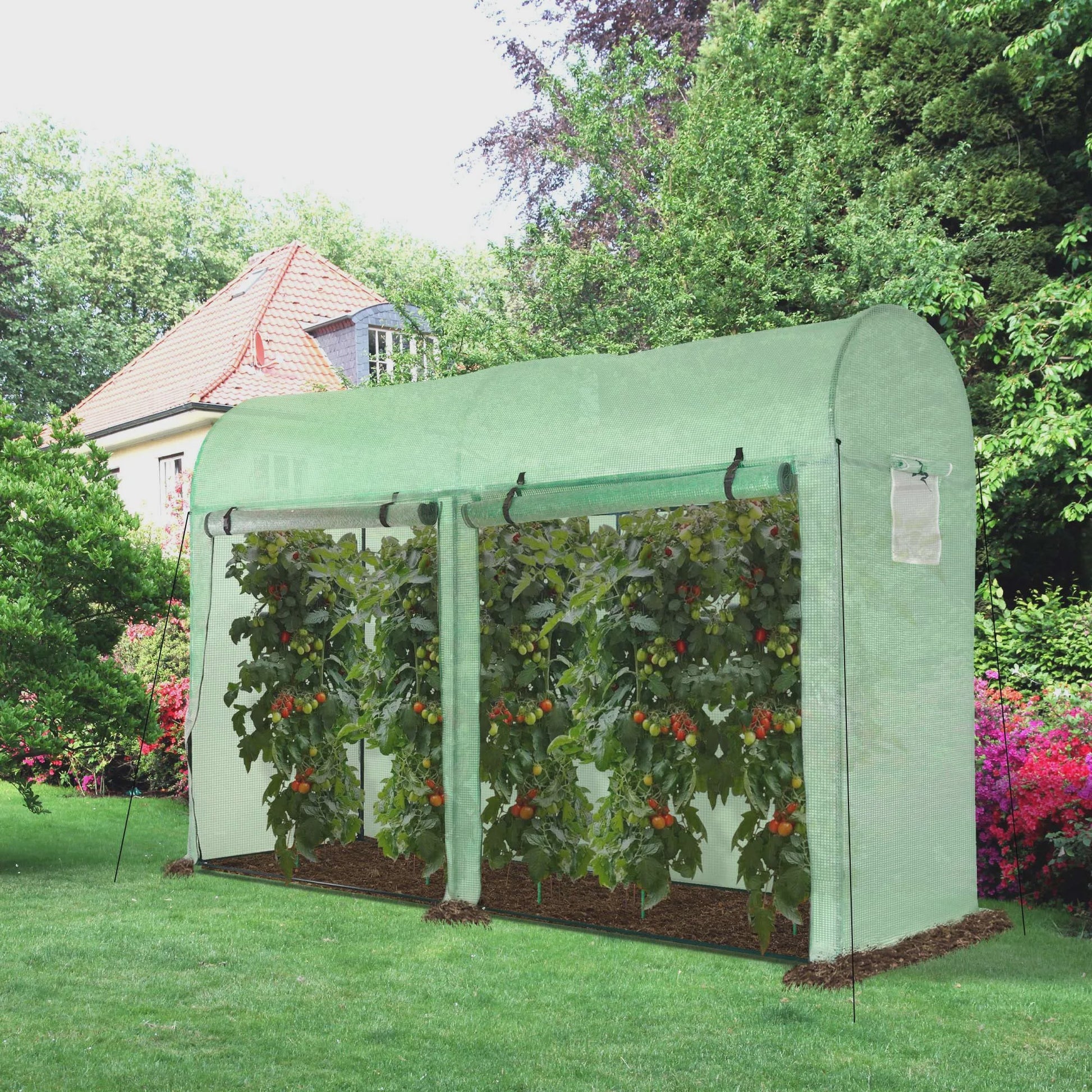 Outsunny Greenhouse Tunnel Garden Shed Greenhouse with 4 Windows and 2 Doors Made of Pe and Steel 300X100X200 cm Green
