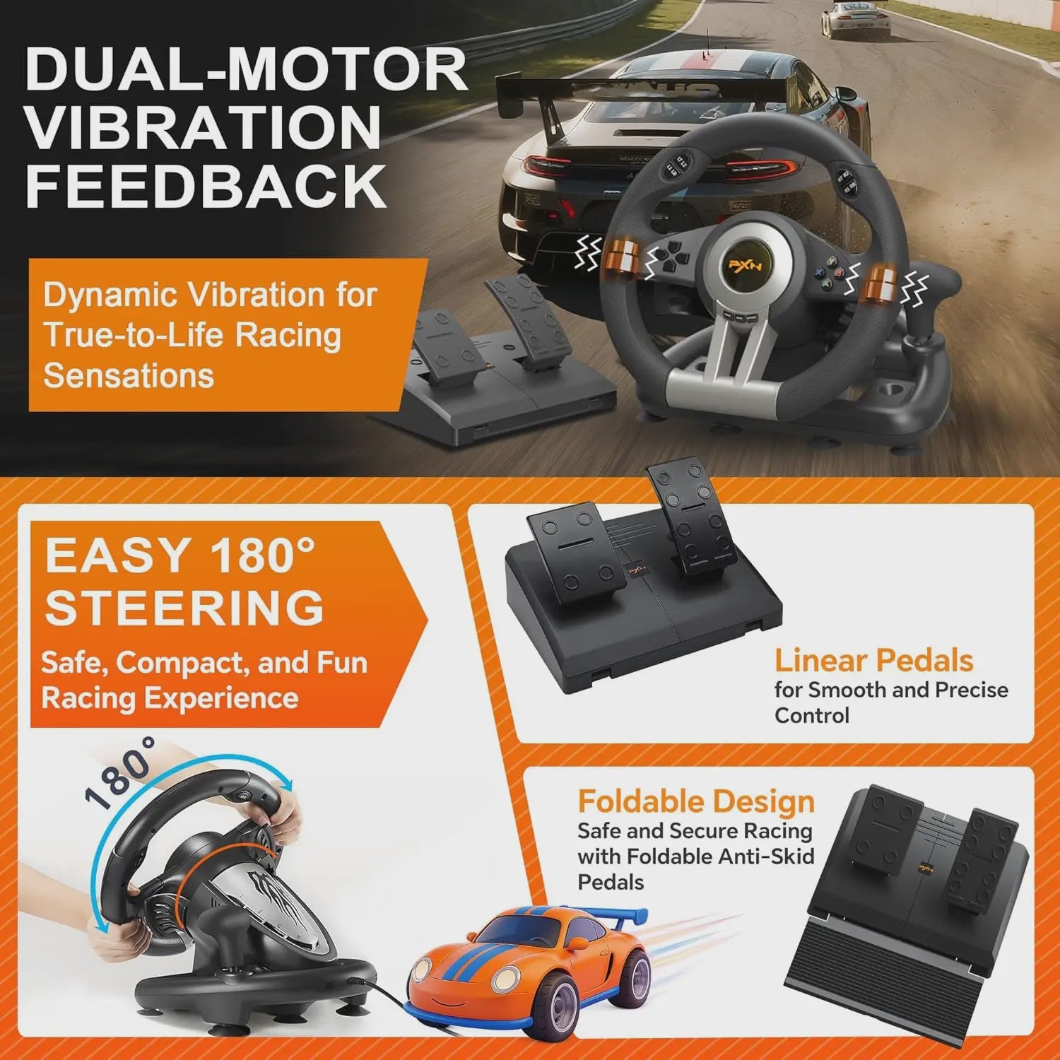 PXN V3 PRO Racing Wheel met Pedalen - 180° USB Stuurwiel voor PC, PlayStation, Xbox & Switch