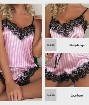 Dames Pyjamaset: Sexy Tweedelig Set met Kant, V-hals en Shorts