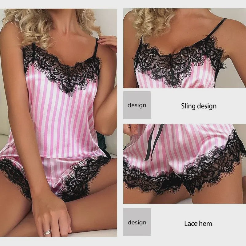 Dames Pyjamaset: Sexy Tweedelig Set met Kant, V-hals en Shorts