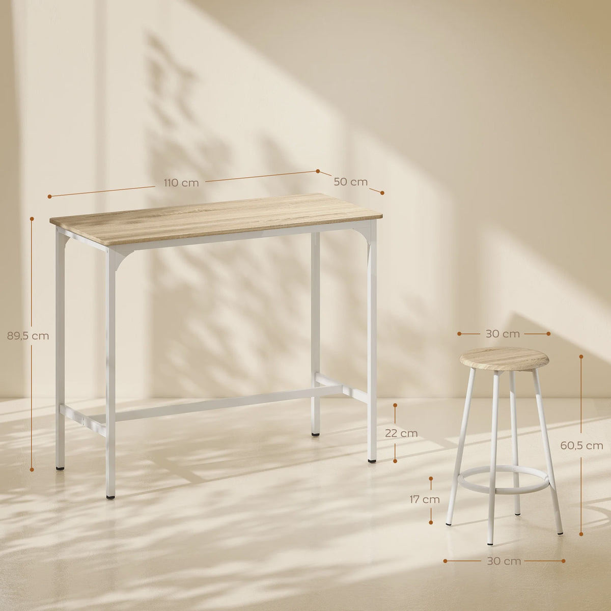 Homcom 5-Piece Bar Table and Chairs Set with Natural and White Metal Frame
