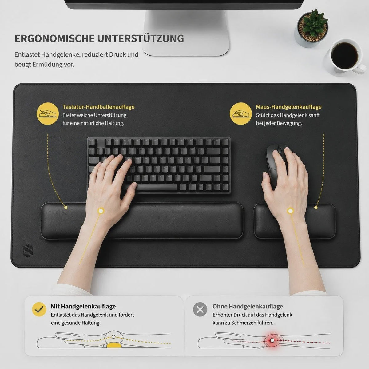 3-in-1 Ergonomische Bureau Set: XXL Muismat (900x400mm) met Polssteunen van Memory Foam & Waterdicht PU Leer