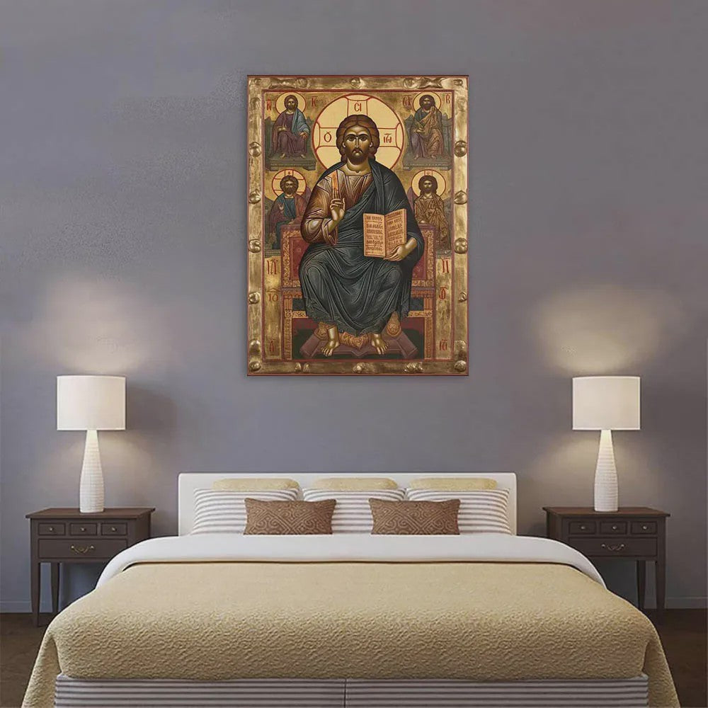 Byzantijnse Wanddecoratie: Jezus op de Troon van de Almachtige - Gouden Religieuze Kunst